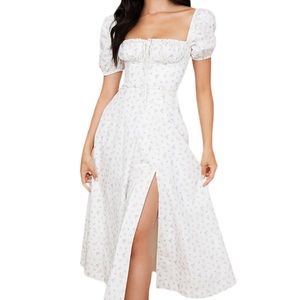 puff sleeve floral midi slit dress